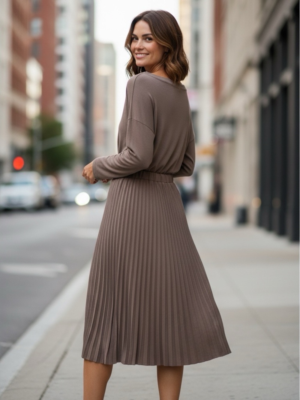 OAK + FORT Pleated Soft Maxi/Midi Skirt in Taupe Size Medium